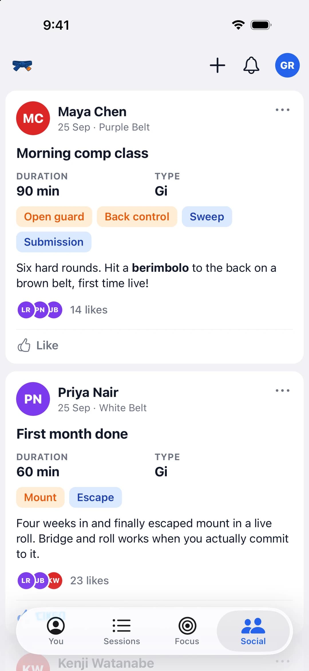 GrappleDex social feed showing sessions shared by other grapplers with notes and likes